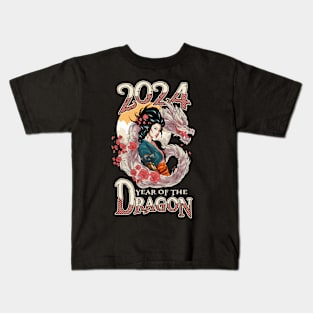 Chinese New Year of the Dragon 2024 Geisha Dragon Kids T-Shirt